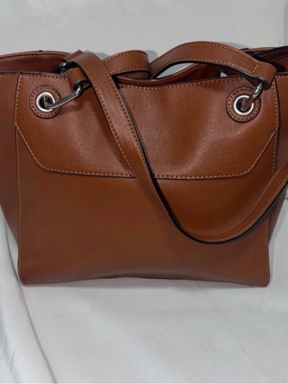 Chaps Brown Faux Leather Tote with Front Zip Pocket